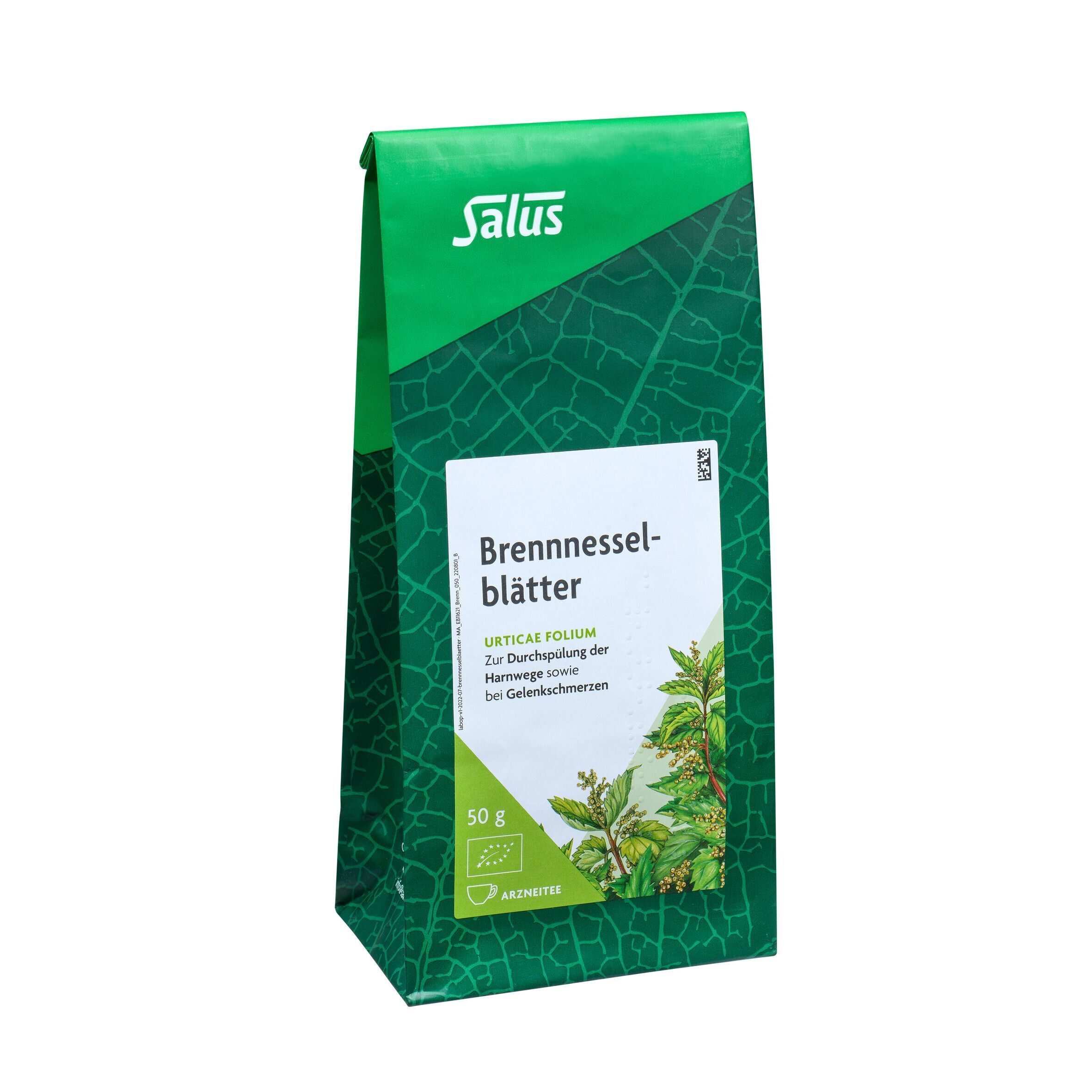 Eine Packung Salus Brennnesselblätter Arzneitee mit Kräuterdarstellung und Bio-Siegel.
