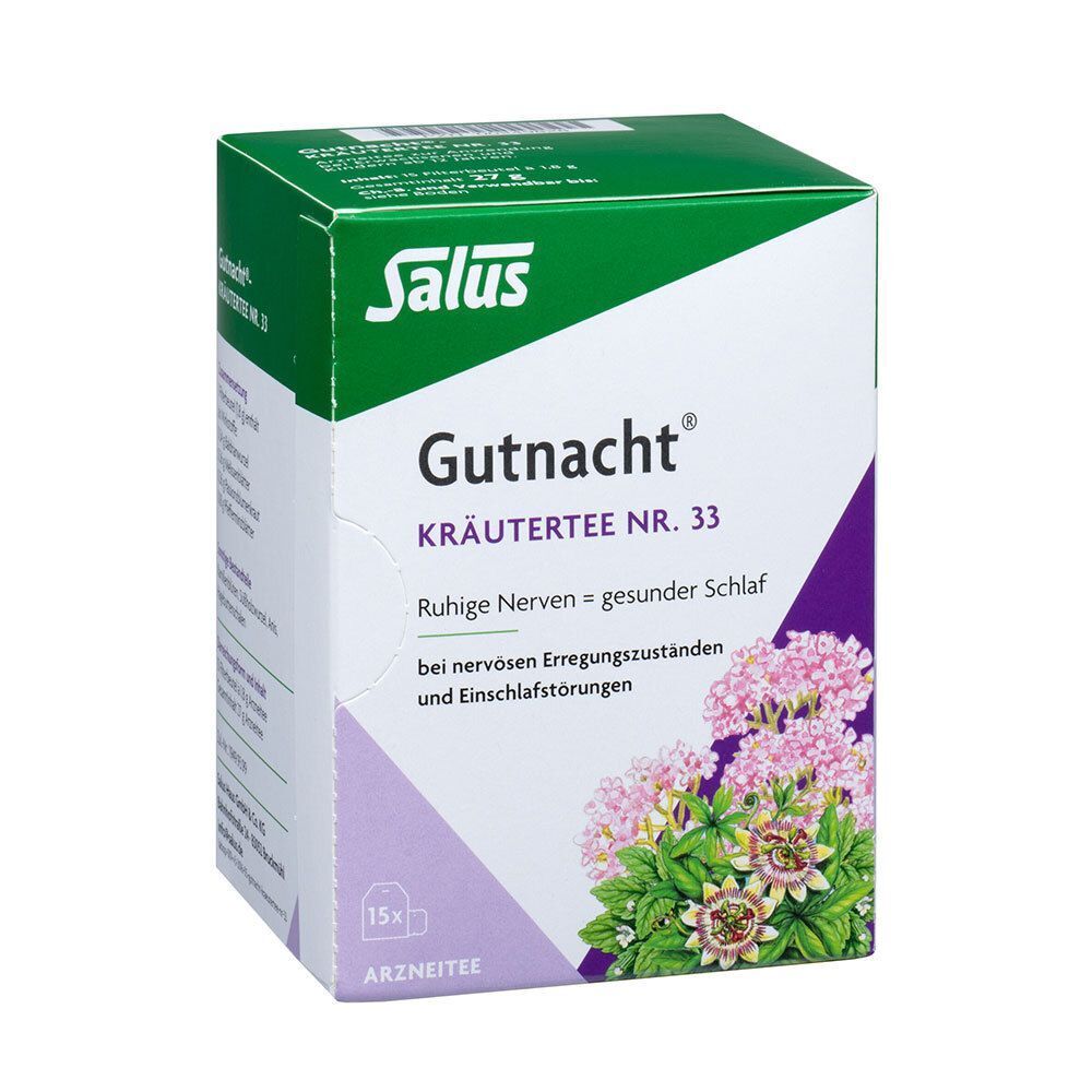 Eine Schachtel Salus® Gutnacht®-Kräutertee Nr. 33 mit 15 Teebeuteln. Kräutertee für ruhige Nerven und gesunden Schlaf.