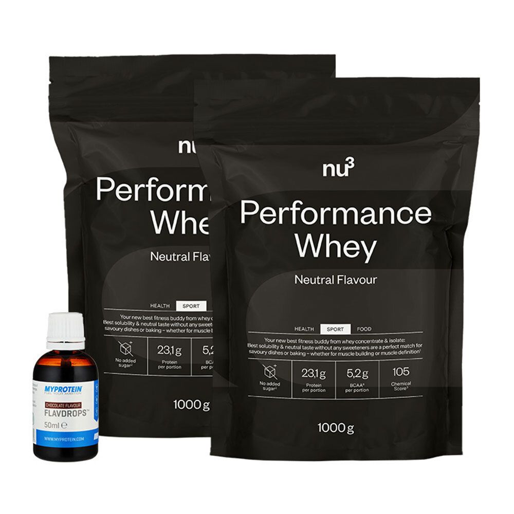 nu3 Performance Whey, Neutral - Proteinpulver + MyProtein FlavDrops, Schokolade, Aromatropfen