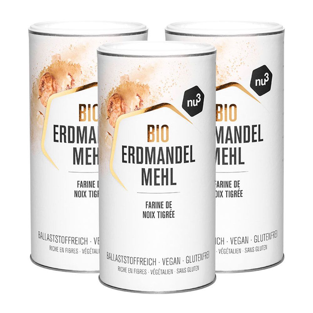 Drei Dosen Bio Erdmandelmehl. Weiße Dosen mit goldfarbenen Akzenten und Produktbezeichnung. Vegan, glutenfrei.