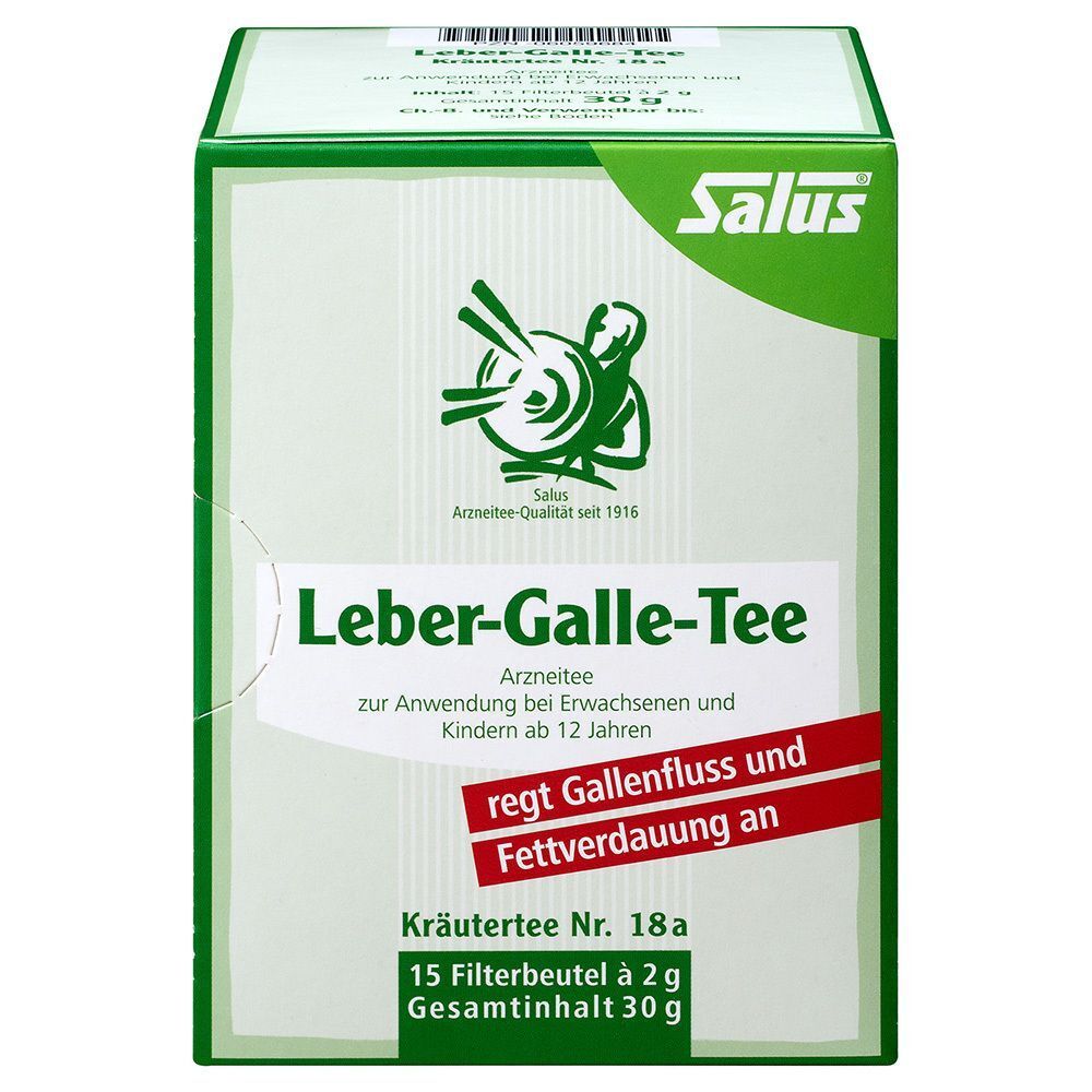 Vorderseite einer Schachtel Salus Leber-Galle-Tee, Kräutertee Nr. 18a.