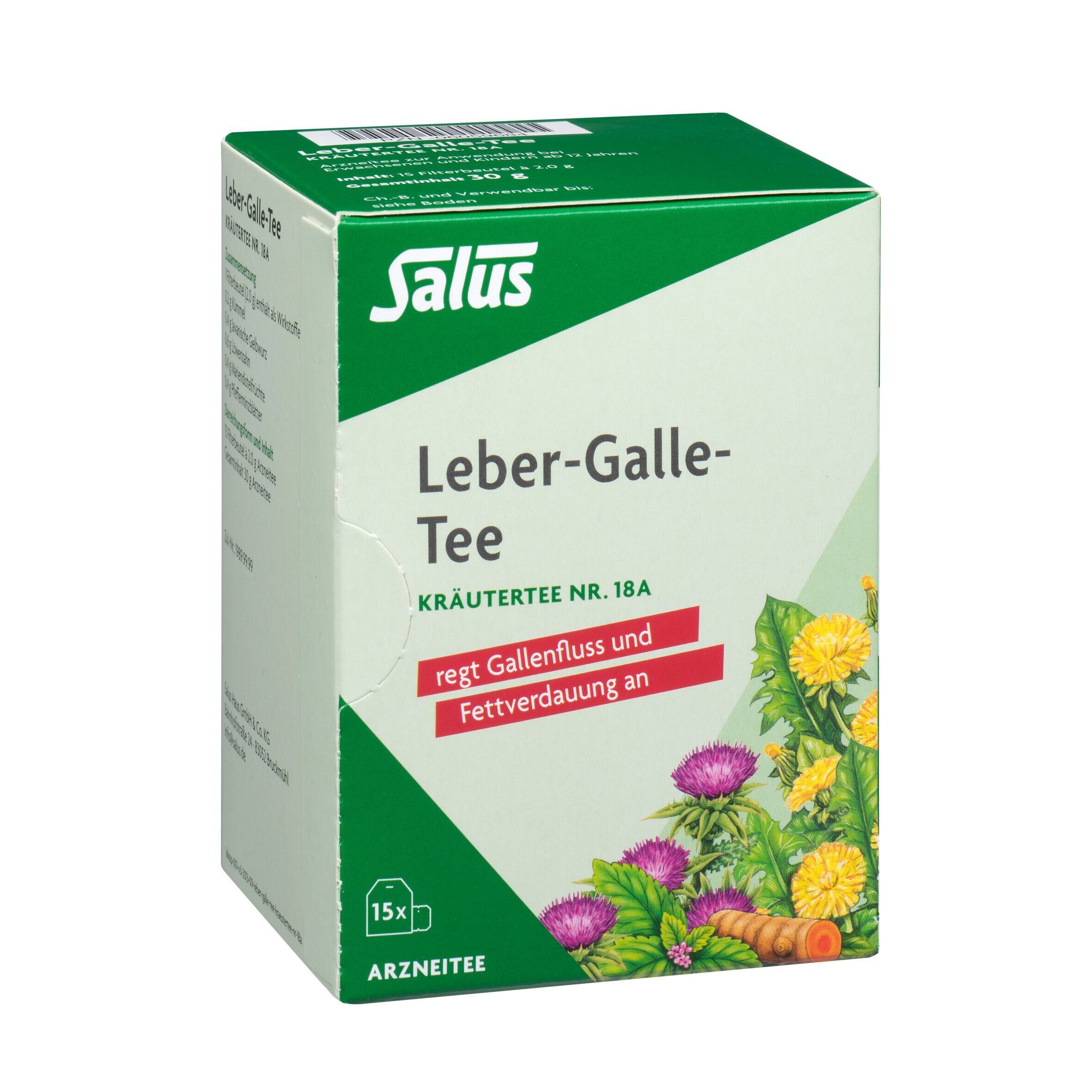 Schrägansicht einer Schachtel Salus Leber-Galle-Tee, Kräutertee Nr. 18a.