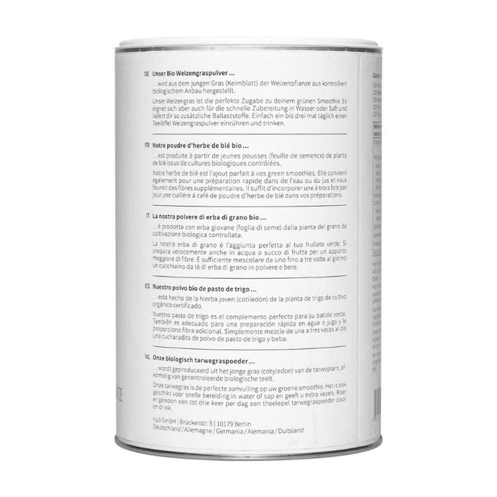 Rückseite einer Dose nu3 Bio Weizengras Pulver. Text in Deutsch, Französisch, Italienisch und Spanisch. Enthält Informationen zum Produkt.