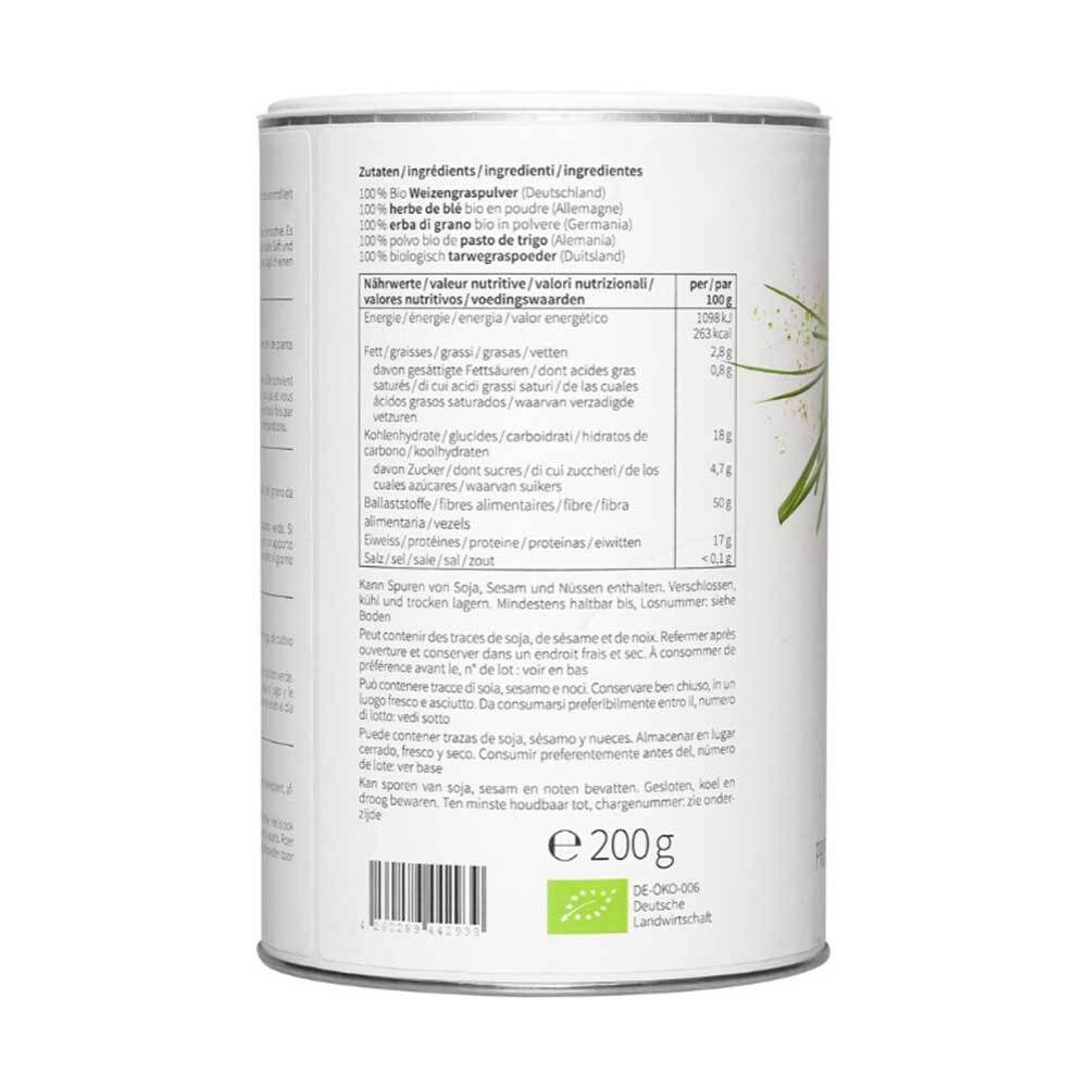 Rückseite einer Dose nu3 Bio Weizengras Pulver. Enthält Nährwertangaben und Zutatenliste. Bio-Siegel.