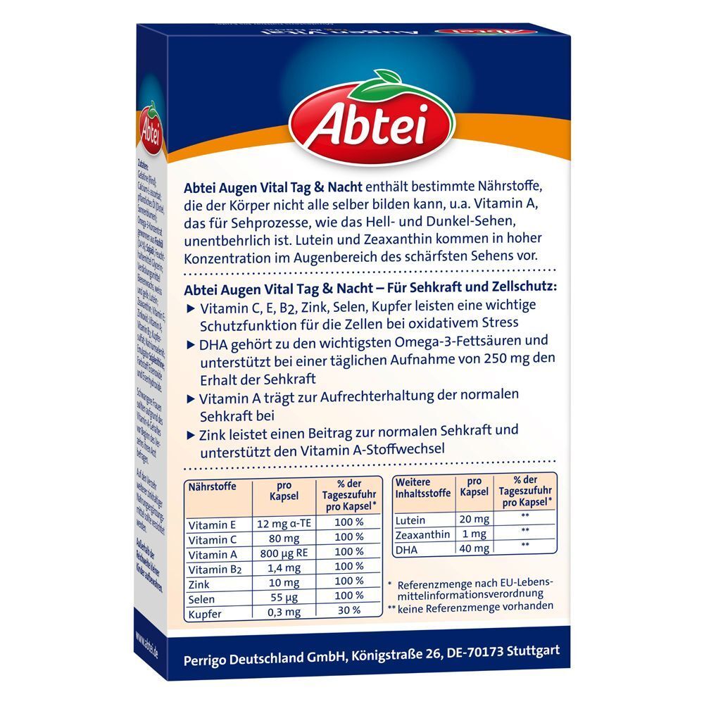 Rückseite einer Packung Abtei Augen Vital Tag & Nacht mit Nährwertangaben und Inhaltsstoffen.
