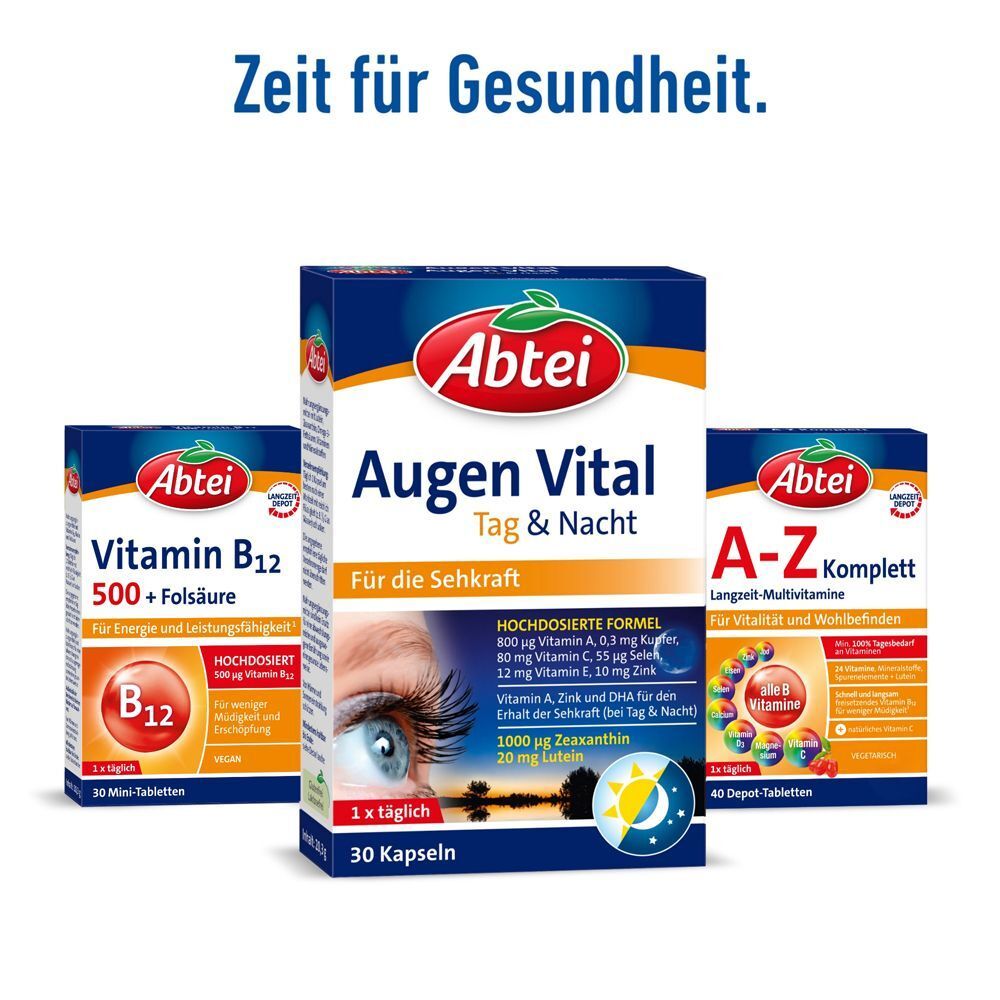Drei Packungen: Abtei Augen Vital, Vitamin B12, A-Z Komplett Multivitamin.