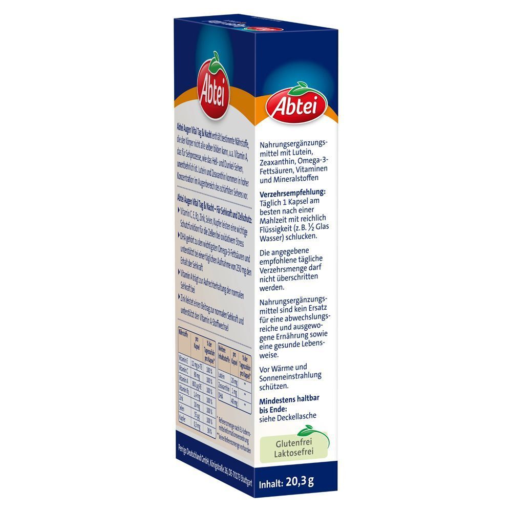 Rückseite einer Packung Abtei Augen Vital Tag & Nacht mit Nährwerttabelle und Hinweis 'Glutenfrei, Laktosefrei'.