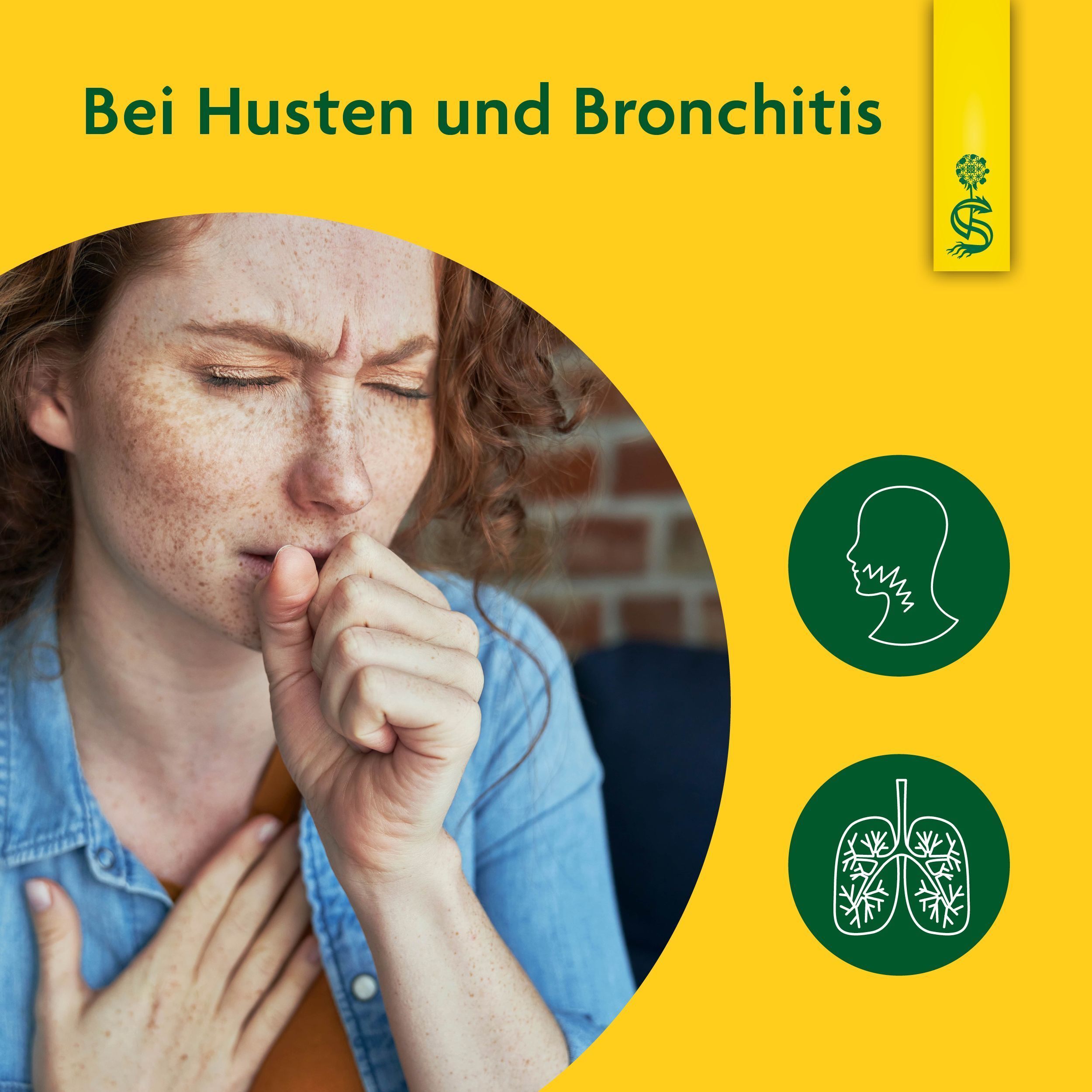 Frau hustet, mit Symbolen für Hals und Lunge. "Bei Husten und Bronchitis".