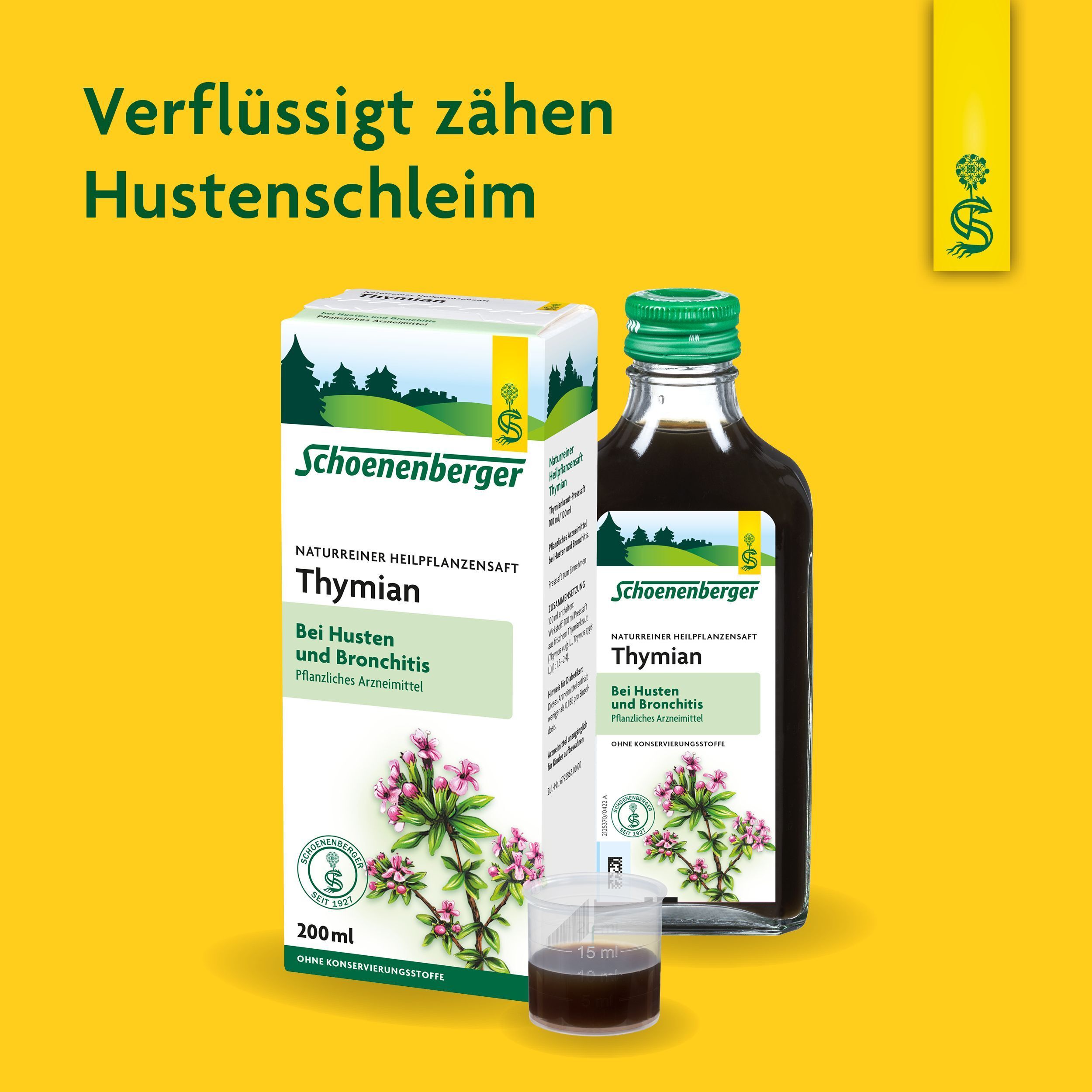 Schoenenberger Thymian Heilpflanzensaft 200ml Flasche und Karton mit Messbecher.