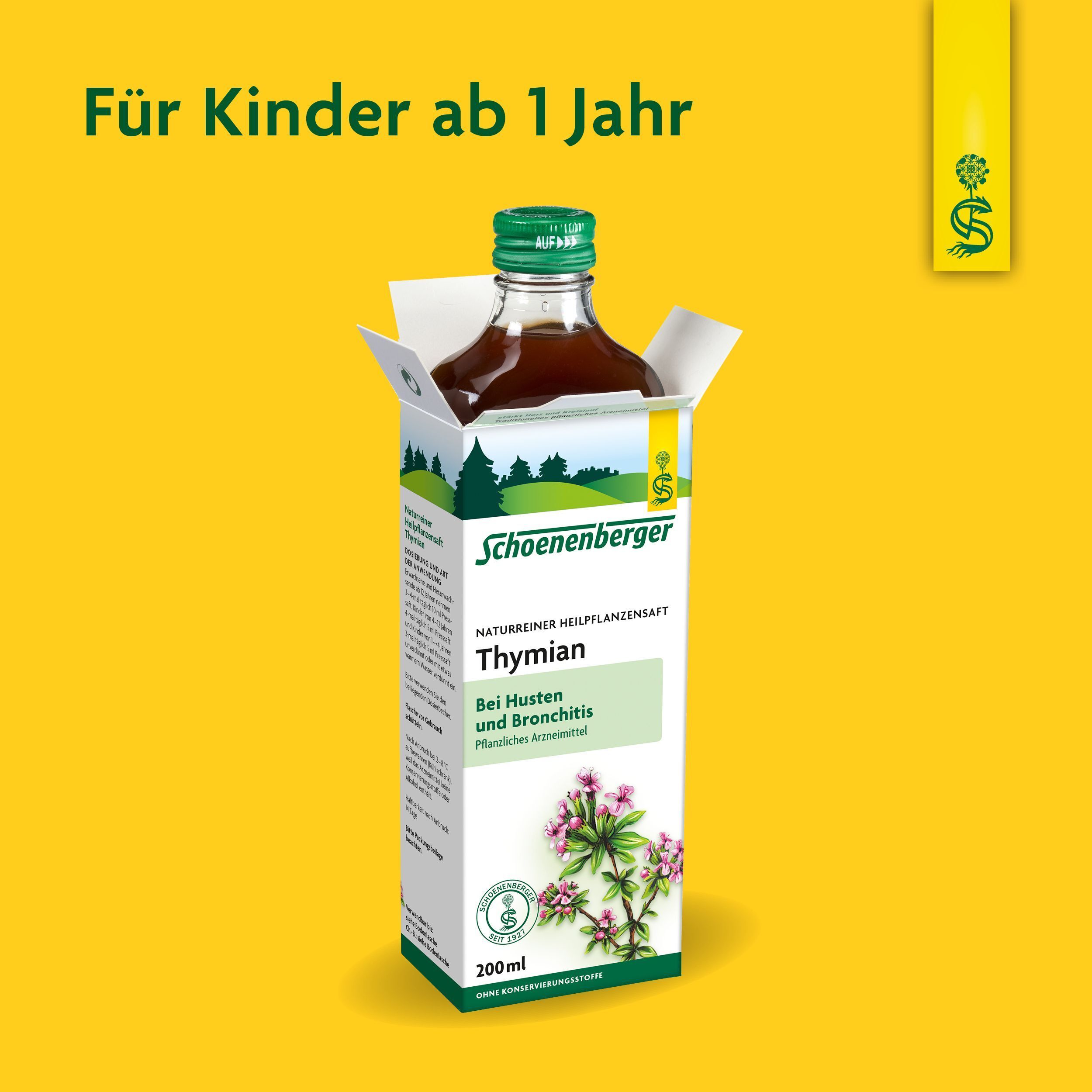 Schoenenberger Thymian Heilpflanzensaft 200ml Flasche in geöffnetem Karton.