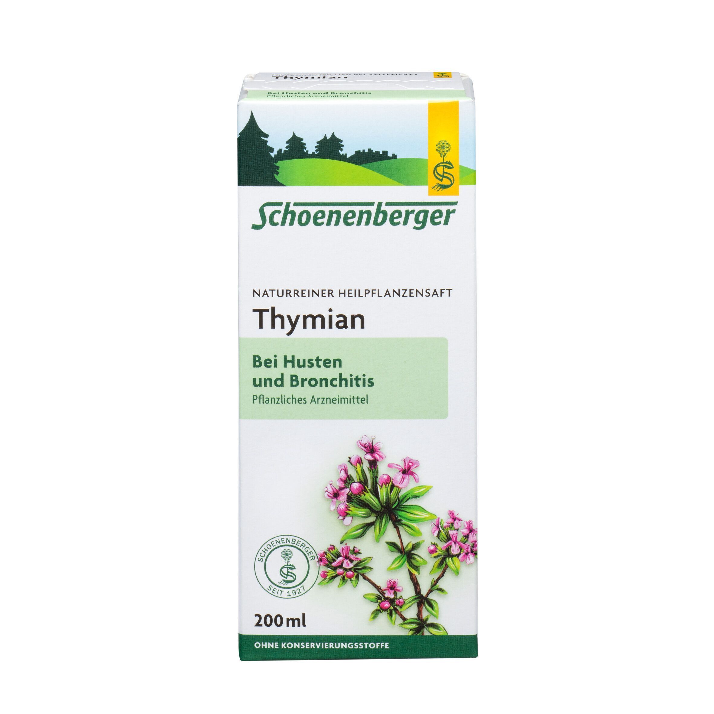 Schoenenberger Thymian Heilpflanzensaft 200ml Karton mit Blüte und Blättern.