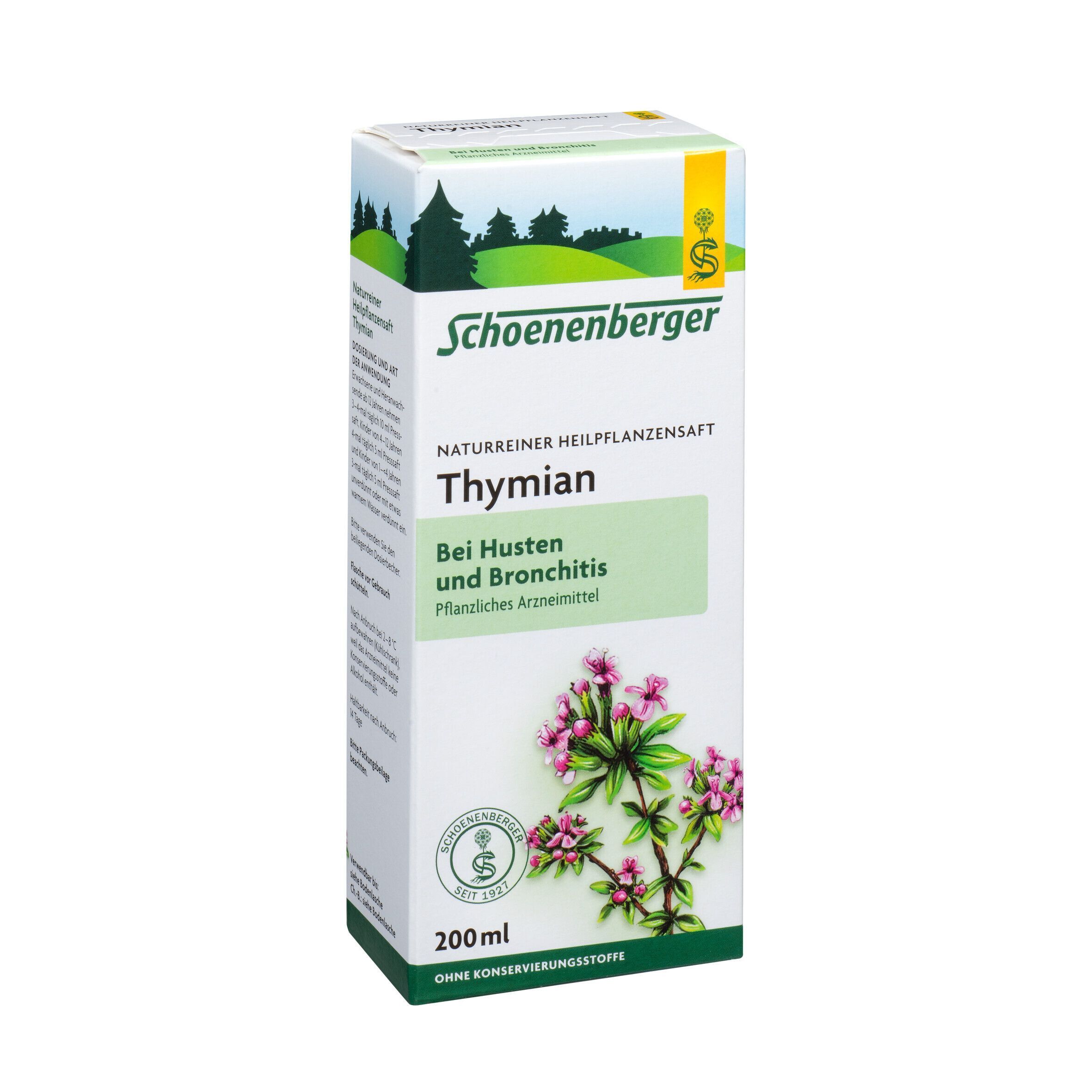 Schoenenberger Thymian Heilpflanzensaft 200ml Karton mit Blüte und Blättern.