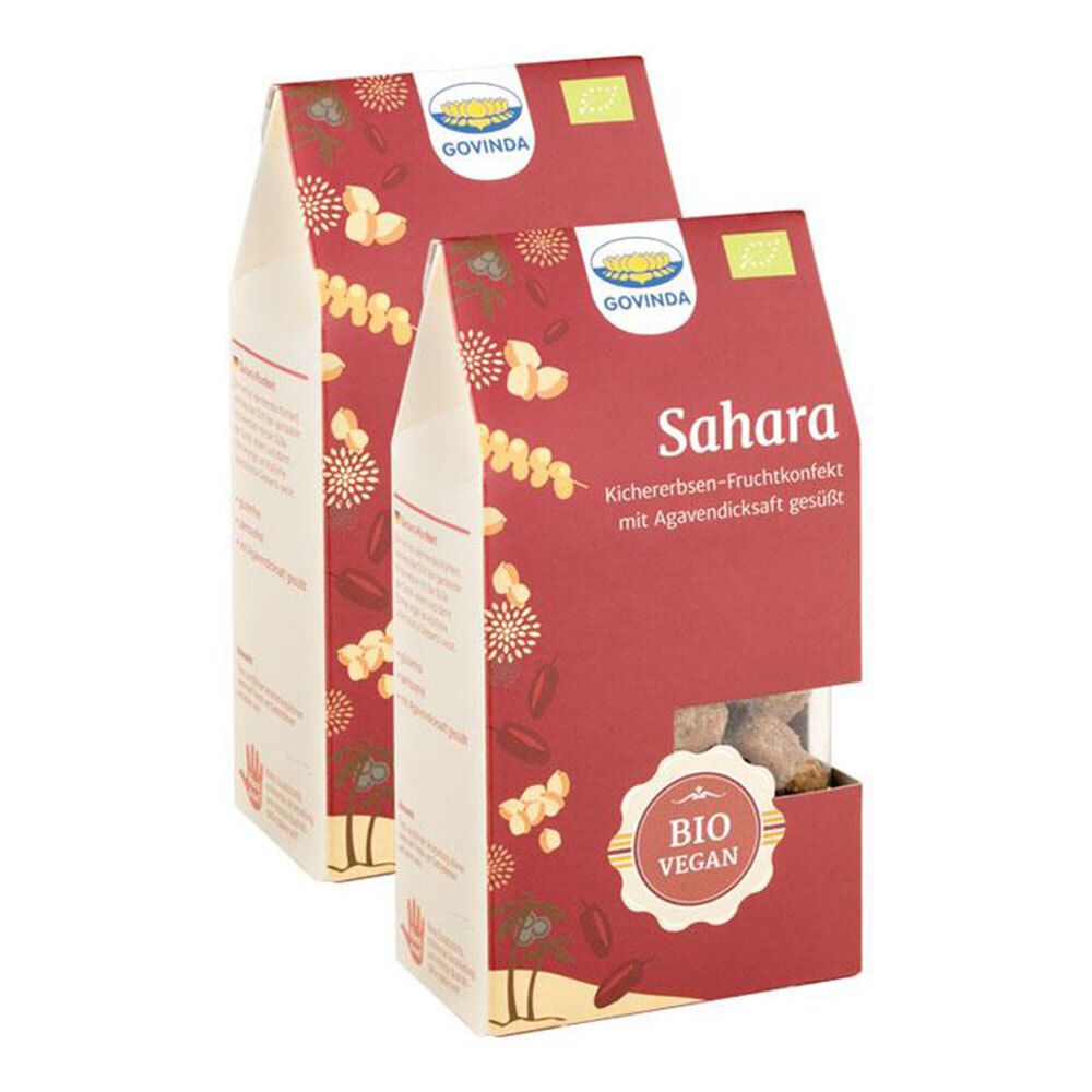 Zwei Packungen Govinda Bio Sahara-Konfekt. Rote Verpackung mit Produktnamen und Bio-Vegan-Siegel. Sichtfenster zeigt Inhalt.