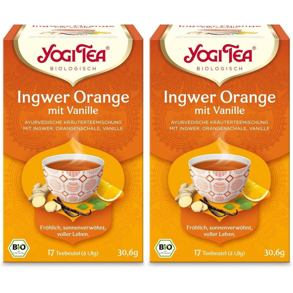 Zwei identische Kartons YOGI TEA Ingwer Orange mit Vanille. Aufdruck: Logo, Produktname, ayurvedische Kräuterteemischung, 17 Teebeutel, Bio-Siegel.