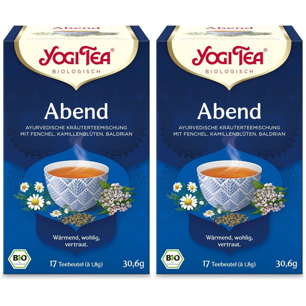 Zwei identische Teepackungen. Aufschrift: YOGI TEA, Abend, Bio Kräutertee. Enthält 17 Teebeutel. Abbildung einer Tasse Tee mit Kräutern.