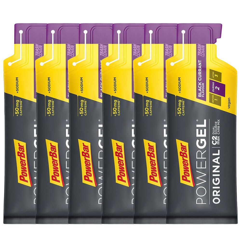 Mehrere PowerBar PowerGel Original Beutel. Schwarze Johannisbeere. Mit 50mg Koffein und Natrium. Vegan.