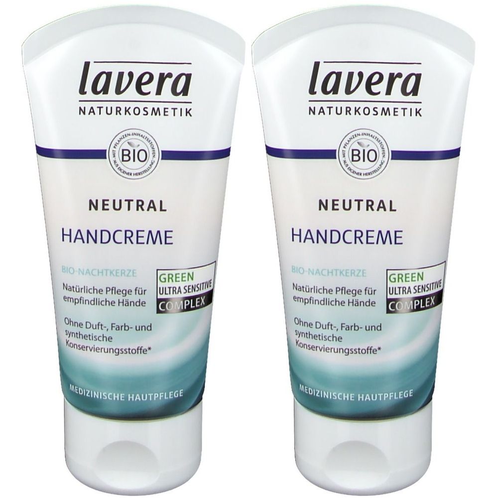 Zwei Tuben Handcreme. Weiß, mit blauem Streifen und grünen Akzenten. Aufschrift: lavera, Neutral Handcreme, Bio-Siegel.