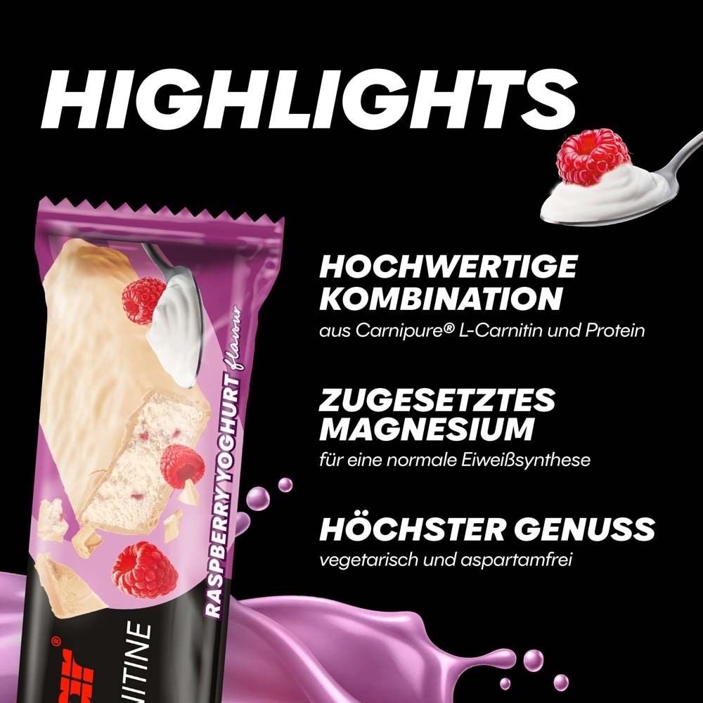 Powerbar Protein+ L-Carnitin Riegel, Himbeer-Joghurt. Aufschrift: Hochwertige Kombination, zugesetztes Magnesium, höchster Genuss. Himbeeren und Joghurt.