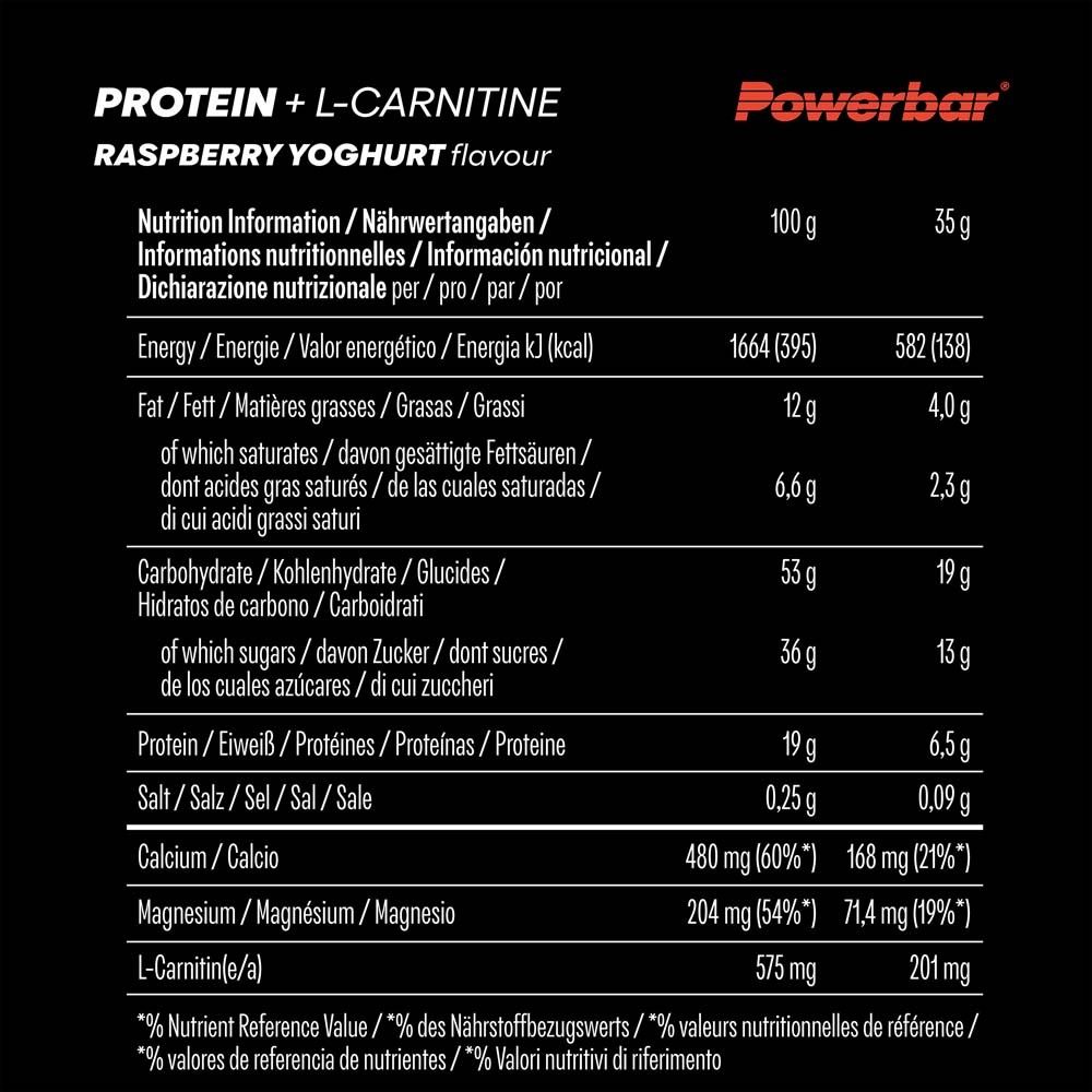 Nährwerttabelle für Powerbar Protein+ L-Carnitin Himbeer-Joghurt. Angaben in Deutsch, Französisch, Italienisch und Spanisch.