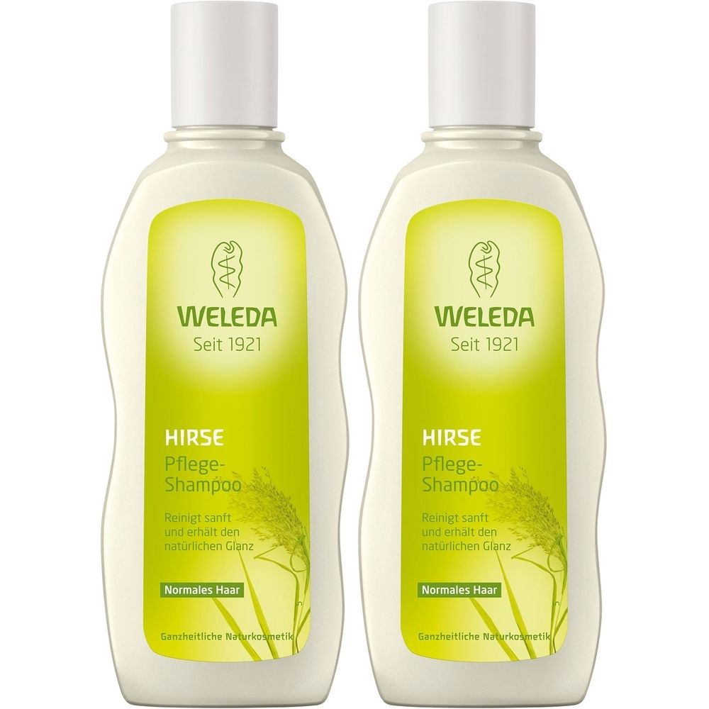 Zwei Flaschen Weleda Hirse Pflege-Shampoo. Weiß-grüne Etiketten mit Produktnamen und Logo. Flaschen mit weißem Verschluss.