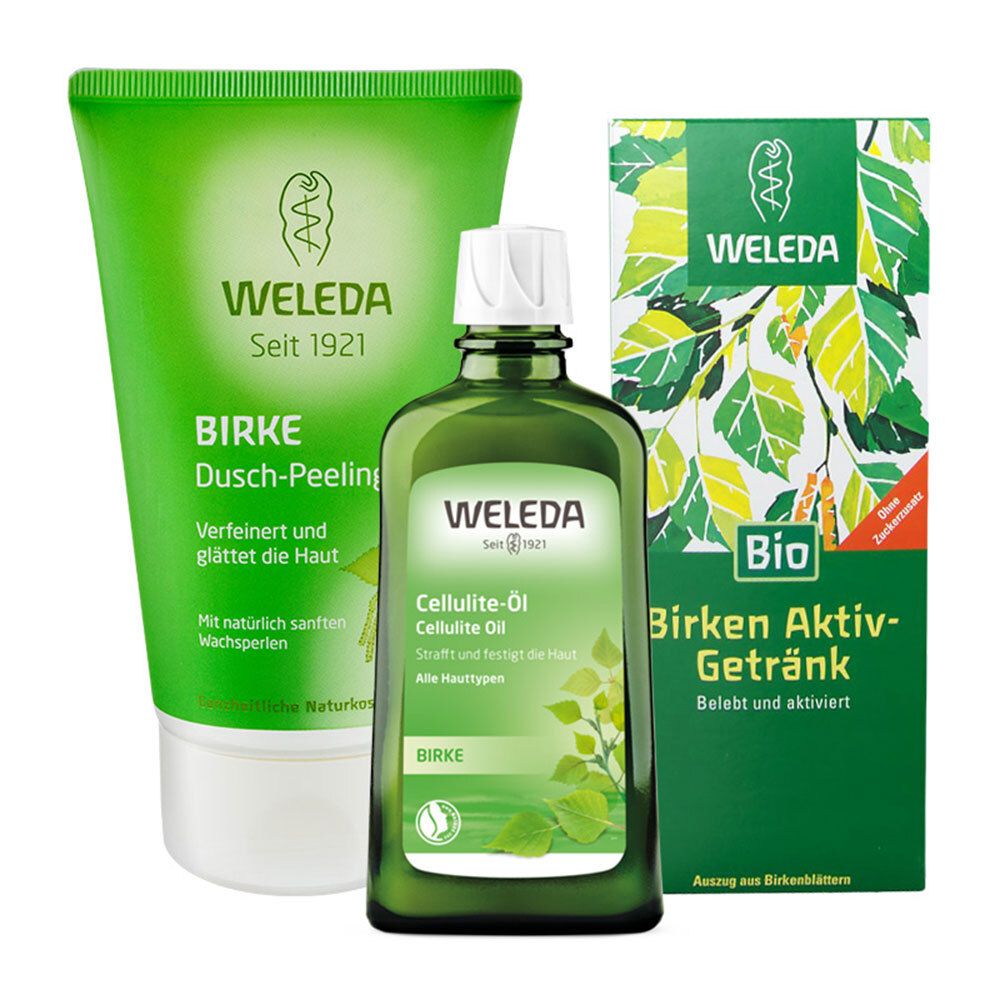 Drei Produkte von Weleda: Dusch-Peeling, Cellulite-Öl und Birken Aktiv-Getränk. Grün verpackt, mit Birken-Motiven und dem Bio-Siegel.