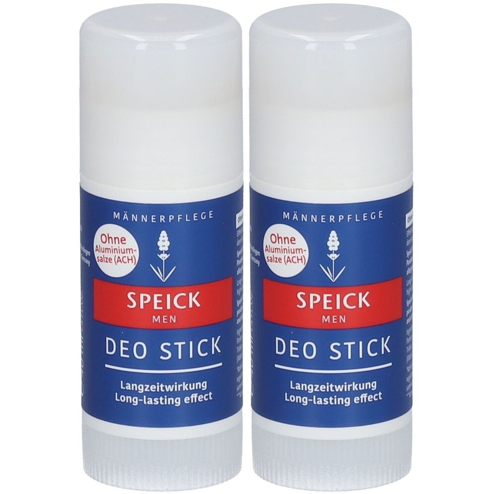 Zwei weiße Deo-Sticks mit blauer und roter Beschriftung. Aufschrift: SPEICK MEN DEO STICK, ohne Aluminiumsalze. Langzeitwirkung.
