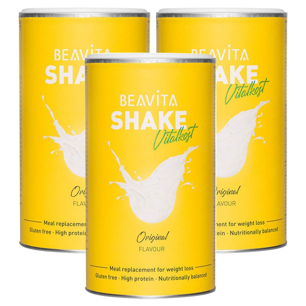 Drei gelbe Dosen mit der Aufschrift BEAVITA SHAKE Vitalkost. Aufschrift: Original, Flavor. Text: Mahlzeitenersatz für Gewichtsverlust, glutenfrei, hoher Proteingehalt.