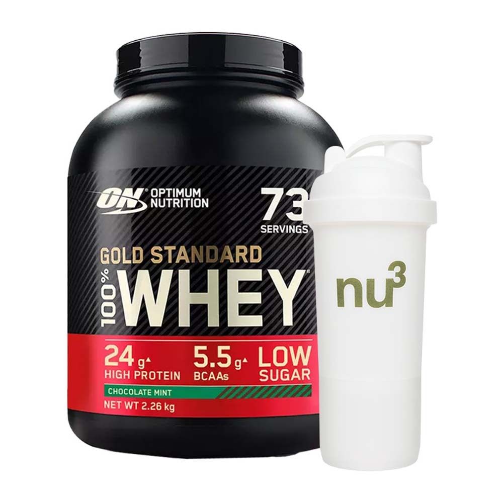 Optimum Nutrition 100 % Whey Gold Standard Schoko-Minze + nu3 SmartShaker