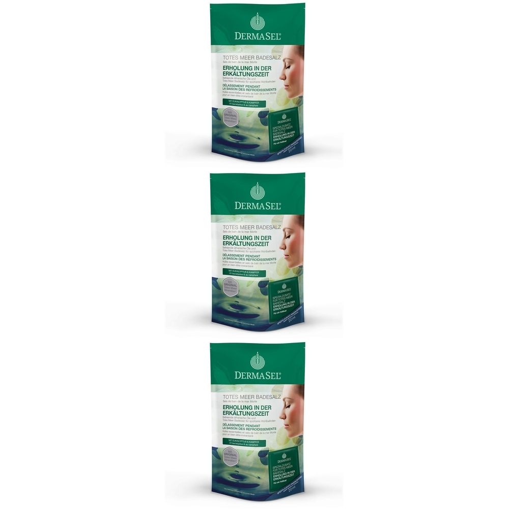 Drei grüne Beutel mit Produktabbildung und Text. Oben steht "DERMASEL". Aufdruck mit Frauengesicht und Produktbezeichnung.