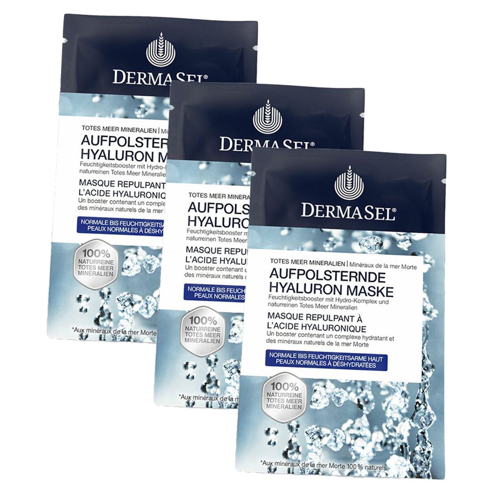 Mehrere Beutel mit der Aufschrift DERMASEL und Produktinformationen. Aufschrift: AUFPOLSTERNDE HYALURON MASKE. 100% natürliche Totes Meer Mineralien.