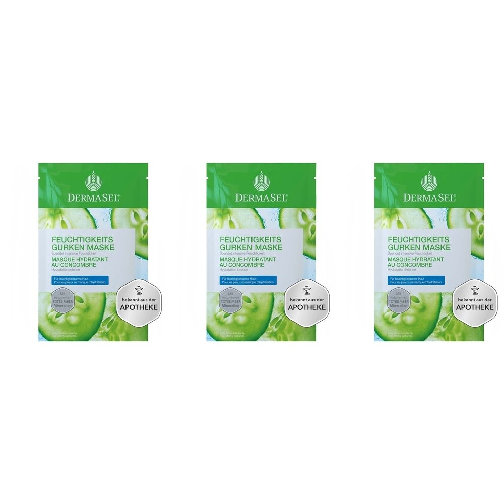 Drei grüne Beutel mit Gurkenmaske. Aufschrift: DERMASEL, Feuchtigkeits Gurken Maske. Apotheken-Siegel.
