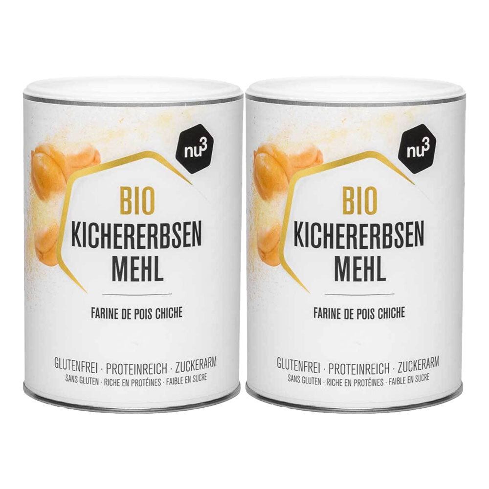 Zwei Dosen nu3 Bio Kichererbsenmehl. Weißes Etikett mit Produktbezeichnung, Logo und Schriftzug "Glutenfrei, Proteinreich, Zuckerarm".