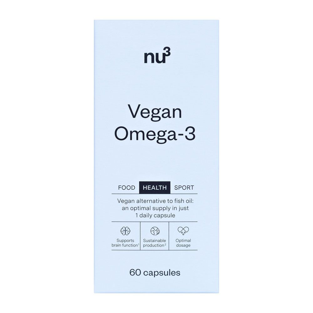 Weiße Verpackung mit 60 veganen Omega-3-Kapseln. Aufschrift: Vegan Omega-3. Marke: nu3.