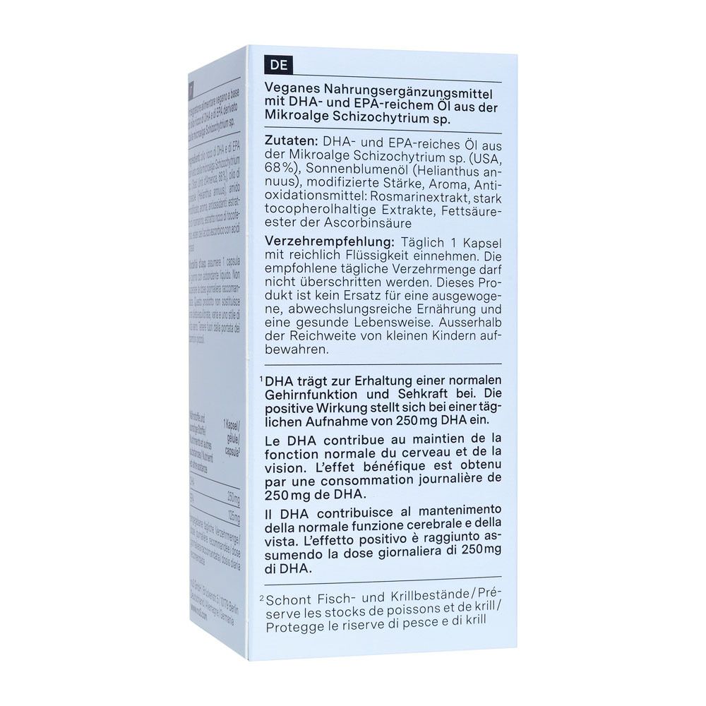 Rückseite der Verpackung mit Inhaltsstoffen und Verzehrempfehlung für vegane Omega-3-Kapseln.