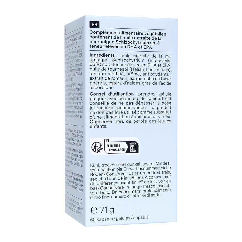 Rückseite der Verpackung mit Inhaltsstoffen und Verzehrempfehlung für vegane Omega-3-Kapseln.