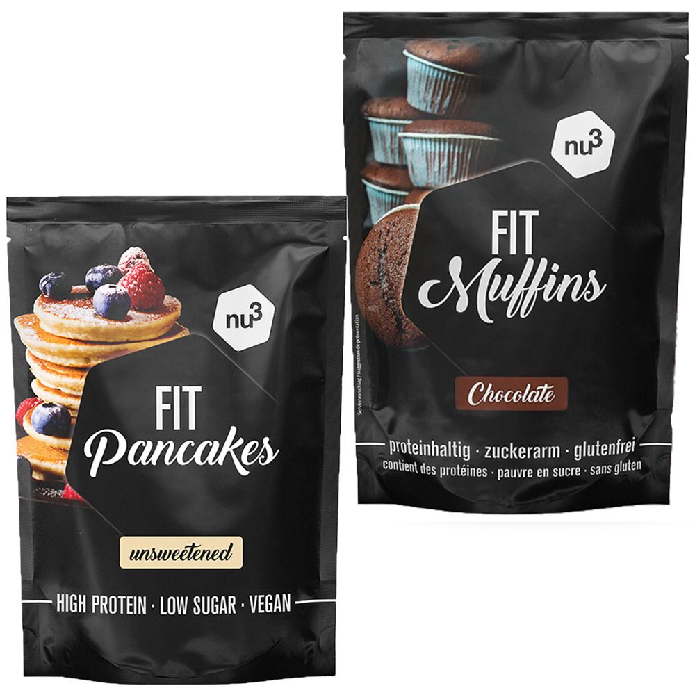 nu3 Fit Pancakes, ungesüßt + nu3 Fit Protein Muffins Schokolade, Backmischung