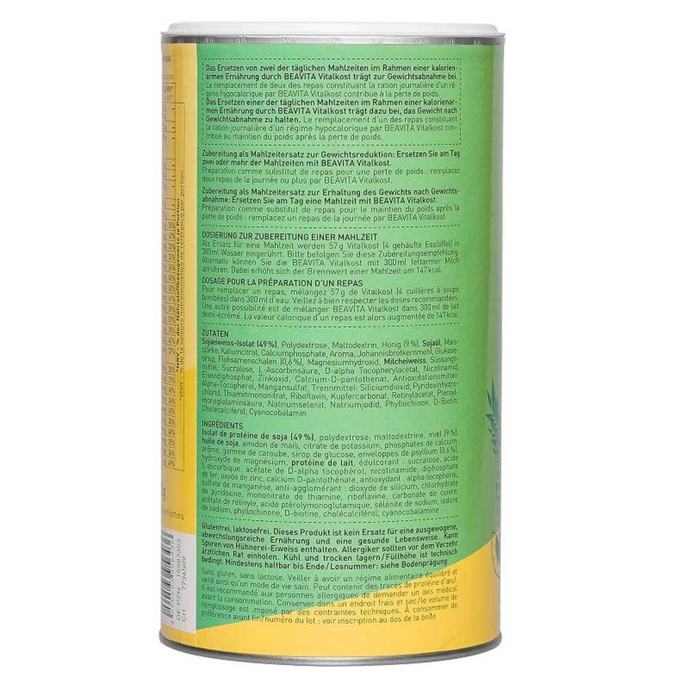 Zylindrische Dose mit Text. Grün-gelbe Farbgebung. Text in deutscher und französischer Sprache. Zutatenliste und Zubereitungshinweise.