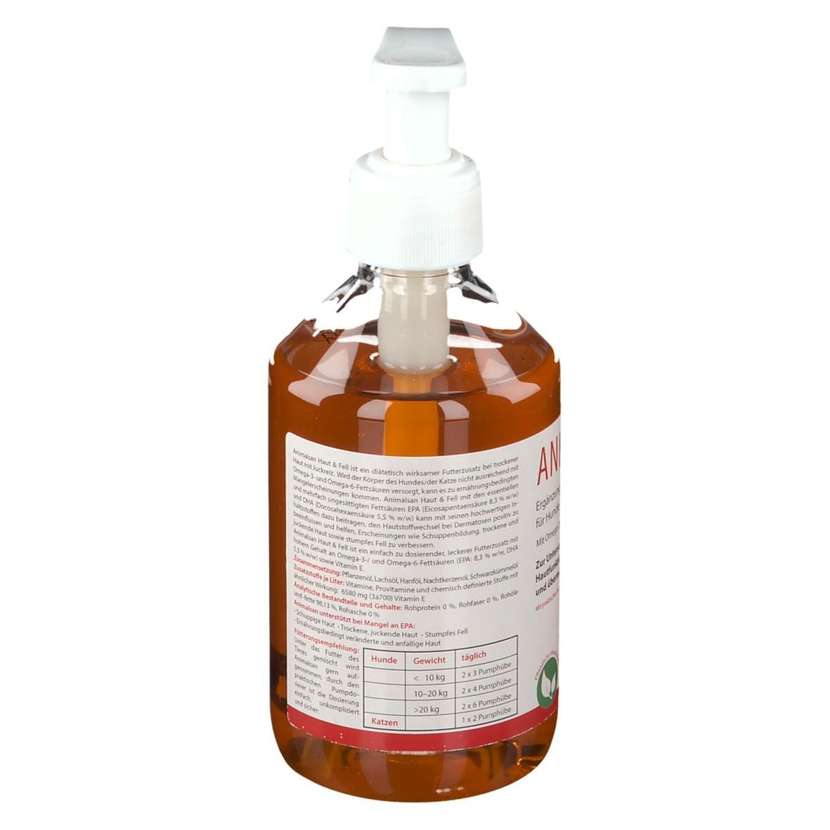 Rückansicht einer Flasche mit brauner Flüssigkeit und Pumpe. Etikett mit Text und Tabelle.