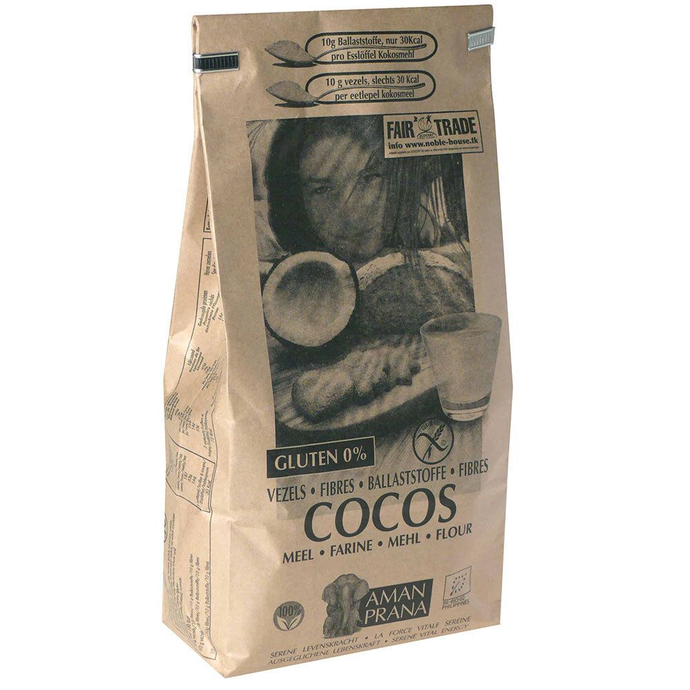 Beutel mit Kokosmehl. Aufdrucke: Gluten 0%, Fasern, Cocos, Amanprana, Fair Trade-Siegel. Braune Papierverpackung.