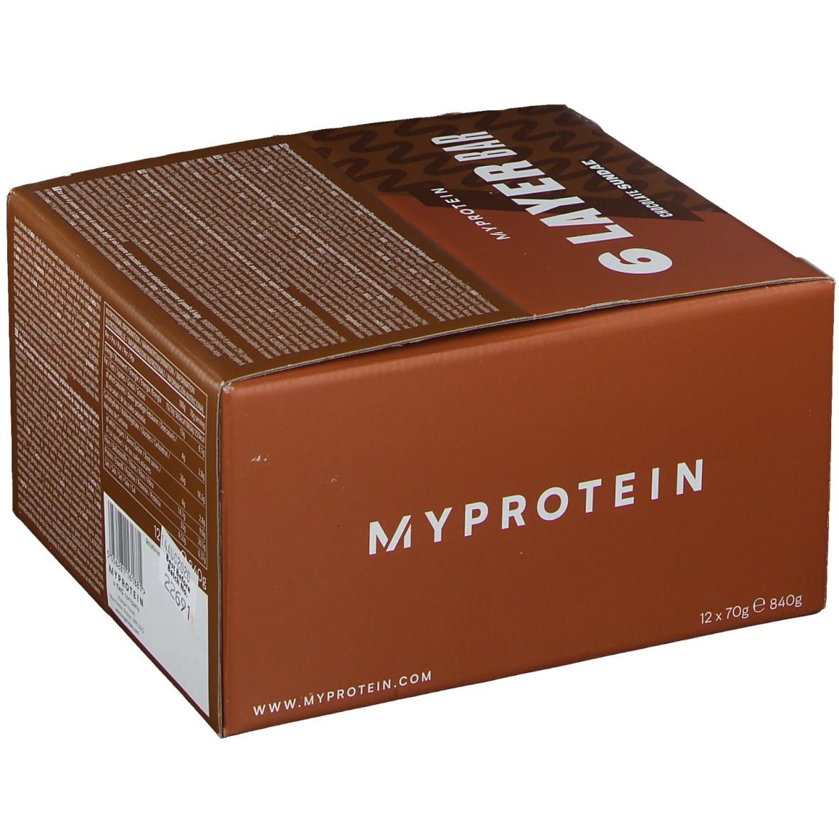 Boîte en carton marron avec logo et inscriptions: MYPROTEIN, 6 Layer Bar, Chocolate Sundae. Contient 12 barres de 70g.