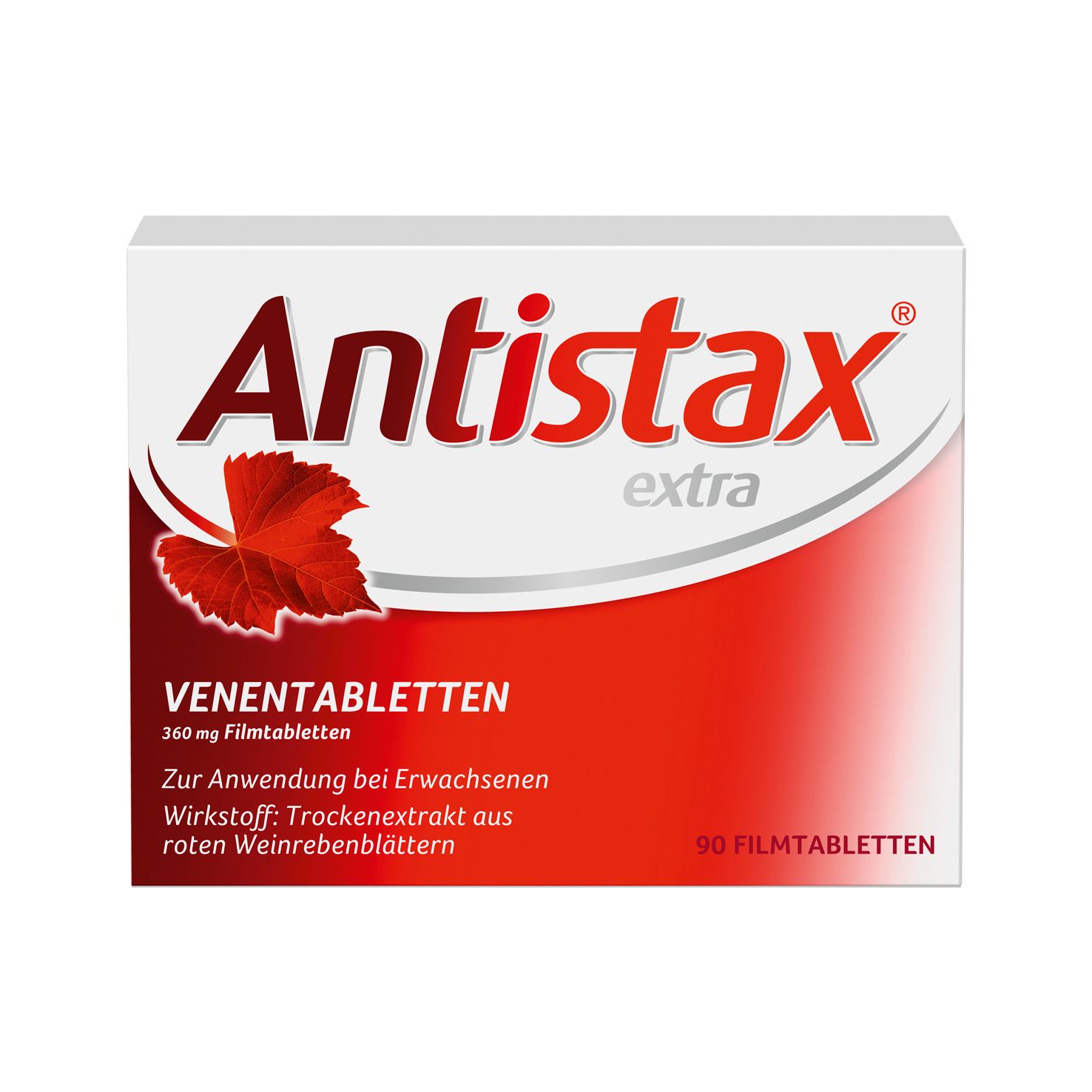 Antistax extra Venentabletten Packung. Weiße Schachtel mit rotem Logo und Schriftzug. Enthält 90 Filmtabletten.
