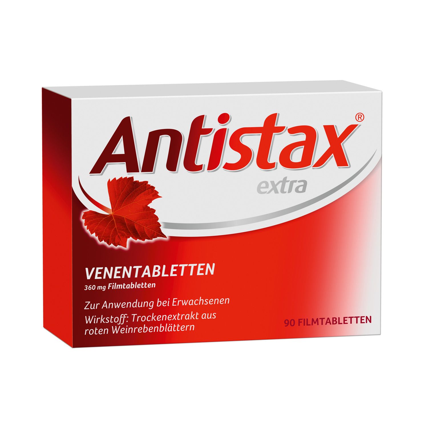 Antistax extra Venentabletten Packung. Weiße Schachtel mit rotem Logo und Schriftzug. Enthält 90 Filmtabletten.