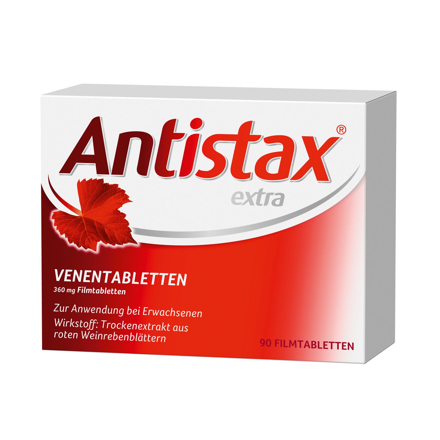Antistax extra Venentabletten Packung. Weiße Schachtel mit rotem Logo und Schriftzug. Enthält 90 Filmtabletten.