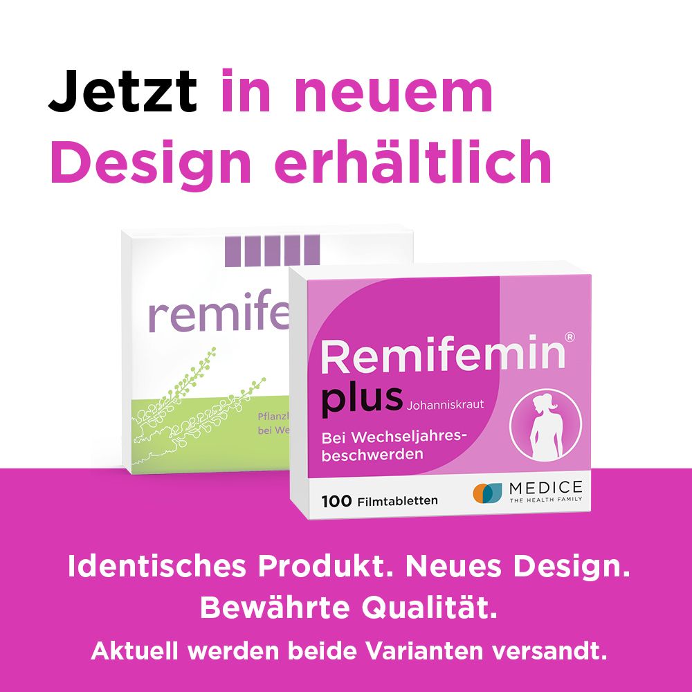 Werbebild mit zwei Packungen Remifemin plus. Text: Jetzt in neuem Design erhältlich. Gleiches Produkt, neues Design.