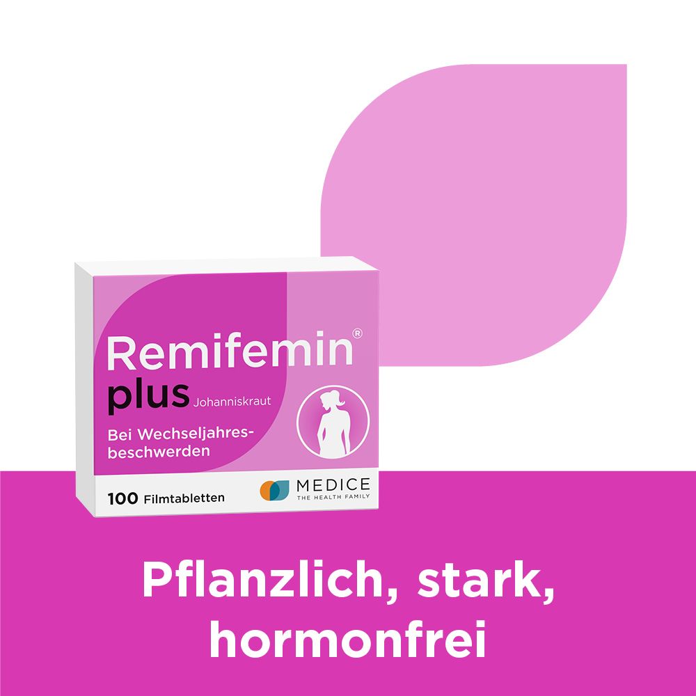 Packung Remifemin plus. Text: Pflanzlich, stark, hormonfrei. Pinkfarbener Hintergrund mit pinkfarbener Form.