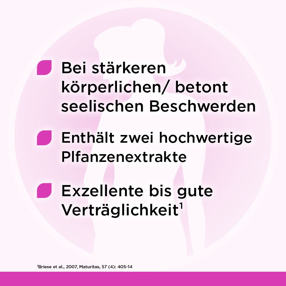 Text auf pinkfarbenem Hintergrund. Text: Bei stärkeren Beschwerden, enthält zwei hochwertige Pflanzenextrakte, exzellente Verträglichkeit.