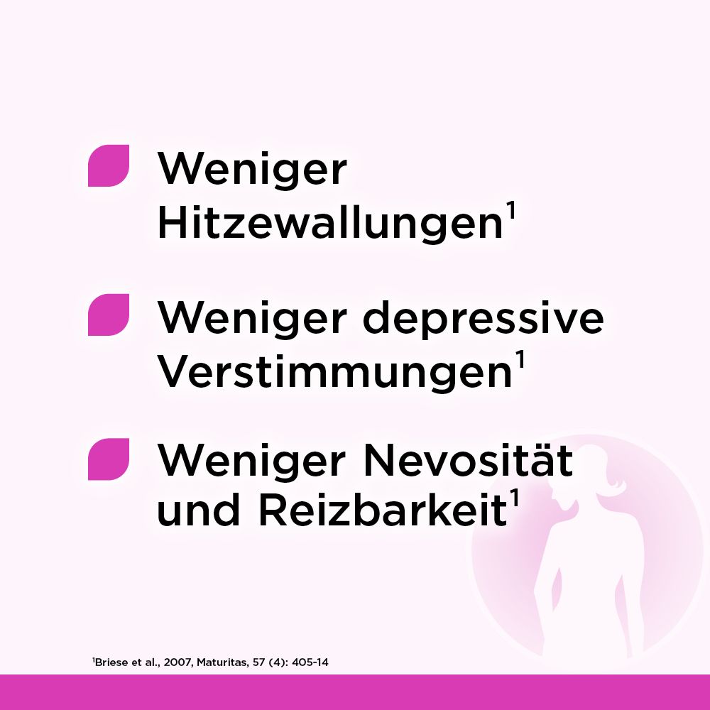 Text auf pinkfarbenem Hintergrund. Text: Weniger Hitzewallungen, weniger depressive Verstimmungen, weniger Nervosität und Reizbarkeit.