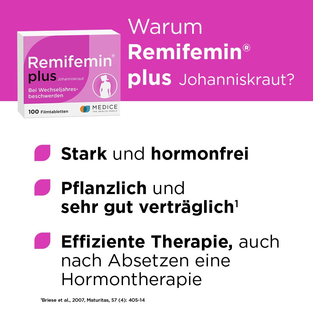 Packung Remifemin plus. Text: Stark und hormonfrei, pflanzlich und sehr gut verträglich, effiziente Therapie.