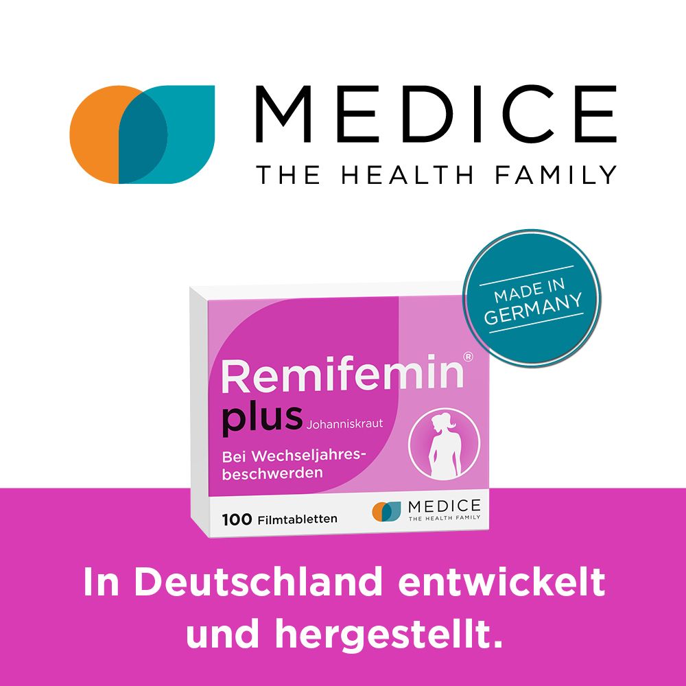 Packung Remifemin plus. Text: In Deutschland entwickelt und hergestellt. Logo: MEDICE The Health Family. Made in Germany.