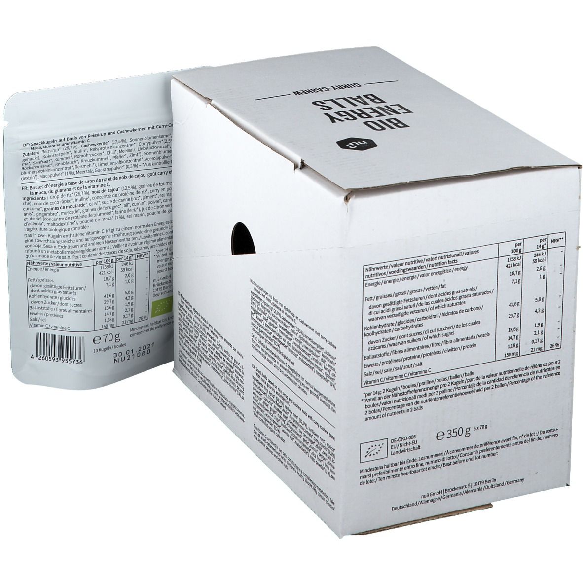 Geöffnete Kartonverpackung mit Beutel. Aufdrucke mit Nährwertangaben und Zutaten. Beutel mit Produktinformationen.